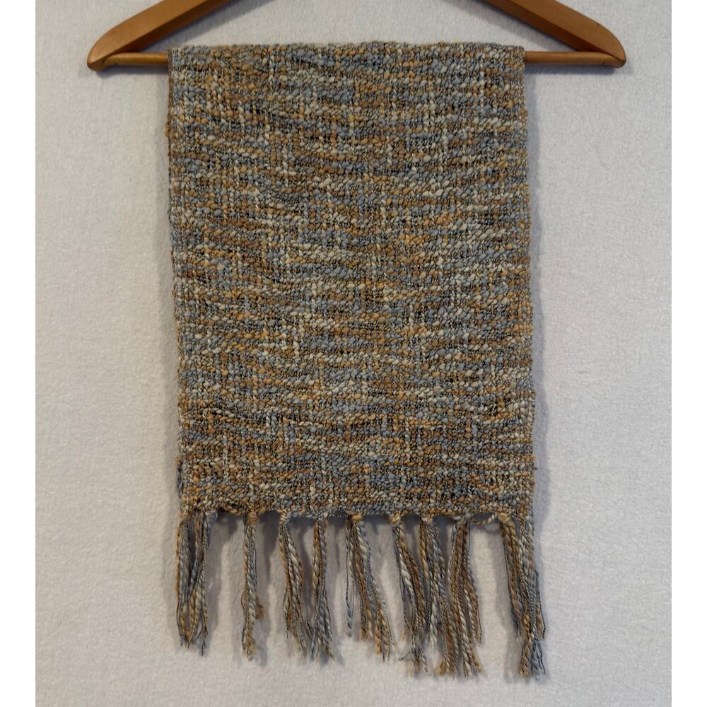 Handmade 100% Pashmina Chunky Knit Fringe Scarf in Yellow & Slate Blue 🍂✨ - Picture 7 of 8